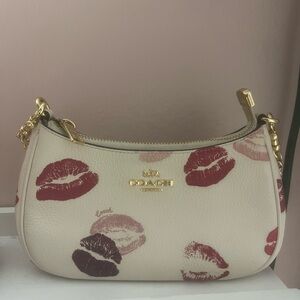 Coach Cream Leather Mini Shoulder Bag with Kiss Print